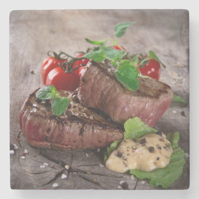 Grilled bbq steaks with fresh herbs and tomatoes stone coaster (Front)