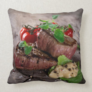 Grilled bbq steaks with fresh herbs and tomatoes throw pillow