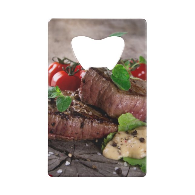 Grilled bbq steaks with fresh herbs and tomatoes wallet bottle opener (Front)