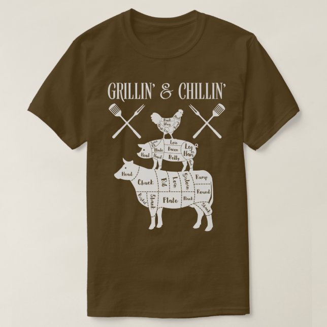Grilliin and chillin BBQ chicken, pig, and cow tee (Design Front)