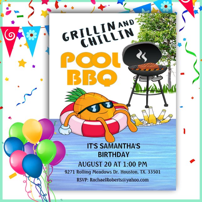 Grillin And Chillin BBQ Birthday Pool Party Invita Invitation (Creator Uploaded)