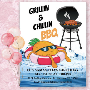 Grillin And Chillin BBQ Birthday Pool Party  Invitation