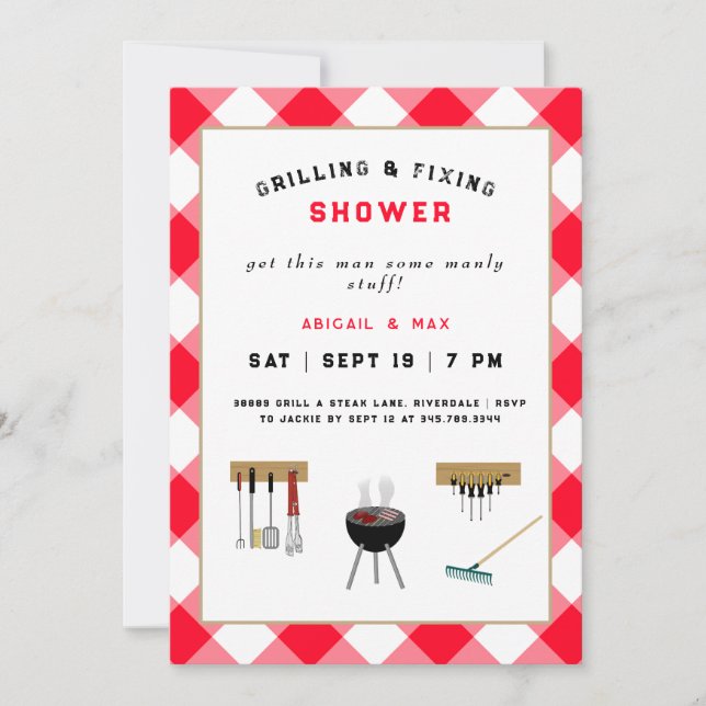Grilling & Fixing Couples Wedding Shower Red Invitation (Front)