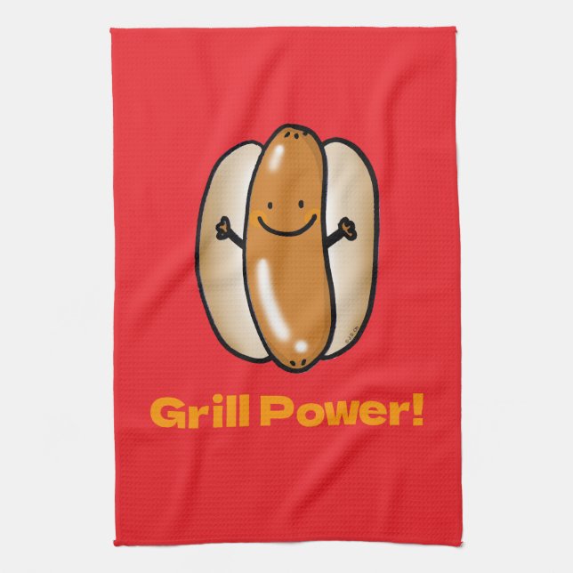 Grilling Hot Dog Cartoon Kitchen Towel (Vertical)