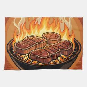 Grilling Steaks BBQ Flames Kitchen Towel