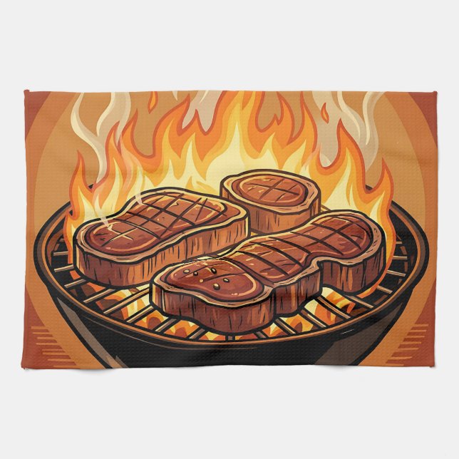 Grilling Steaks BBQ Flames Kitchen Towel (Horizontal)