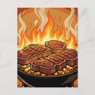Grilling Steaks BBQ Flames Postcard