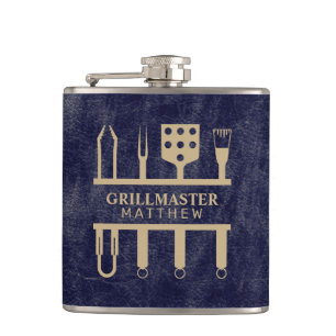 Grillmaster name navy leather texture hip flask