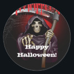 Grim Reaper Bloody Halloween Party Classic Round Sticker<br><div class="desc">customize for your event. The Party Text is removable or can be re-positioned.
Created by Wannapik - Freepik.com</div>