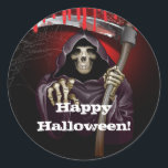 Grim Reaper Bloody Halloween Party Classic Round Sticker<br><div class="desc">customize for your event. The Party Text is removable or can be re-positioned.
Created by Wannapik - Freepik.com</div>
