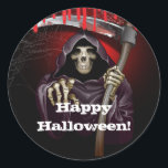 Grim Reaper Bloody Halloween Party Classic Round Sticker<br><div class="desc">customize for your event. The Party Text is removable or can be re-positioned.
Created by Wannapik - Freepik.com</div>