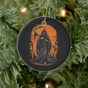 Grim Reaper Cartoon in Sunset Graveyard Ceramic Ornament