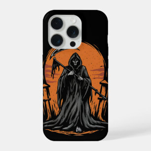 Grim Reaper Cartoon in Sunset Graveyard iPhone 15 Pro Case