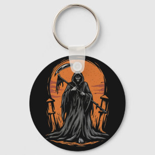 Grim Reaper Cartoon in Sunset Graveyard Keychain
