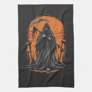 Grim Reaper Cartoon in Sunset Graveyard Kitchen Towel