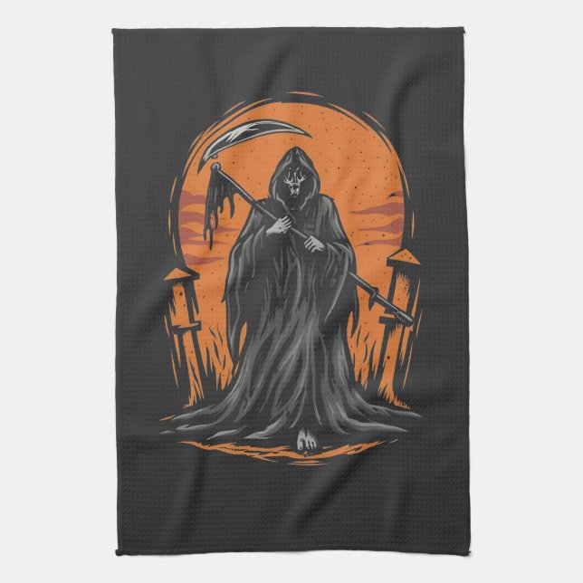 Grim Reaper Cartoon in Sunset Graveyard Kitchen Towel (Vertical)