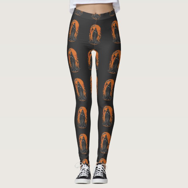Grim Reaper Cartoon in Sunset Graveyard Leggings (Front)