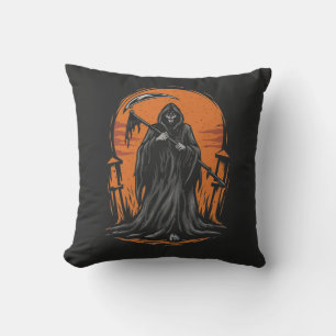 Grim Reaper Cartoon in Sunset Graveyard Throw Pillow