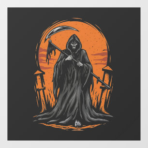 Grim Reaper Cartoon in Sunset Graveyard Window Cling