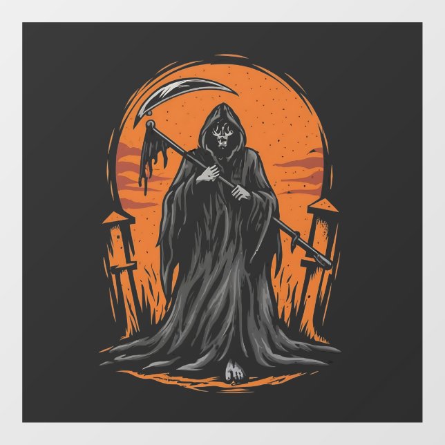 Grim Reaper Cartoon in Sunset Graveyard Window Cling (Sheet)