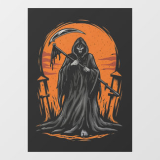 Grim Reaper Cartoon in Sunset Graveyard Window Cling
