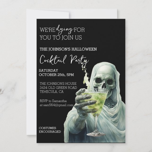Grim Reaper Cocktail Halloween Party Watercolor Invitation (Front)