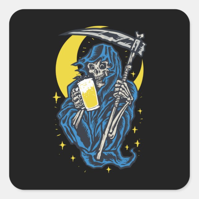 Grim Reaper Drinking Beer Square Sticker (Front)