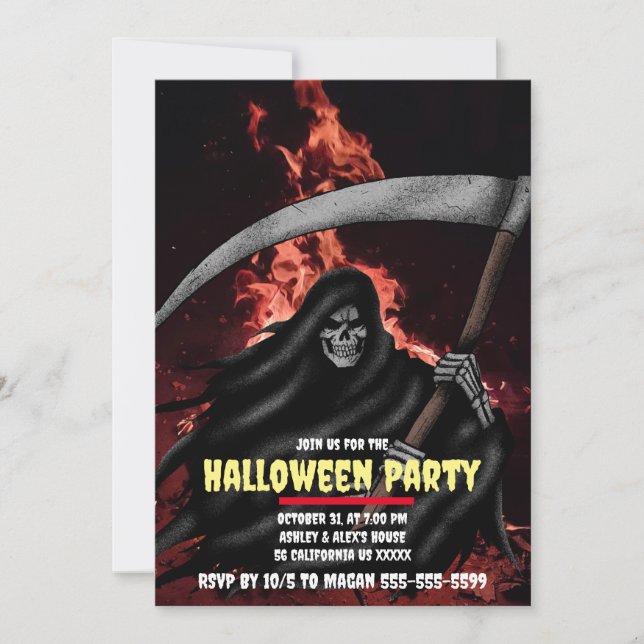 Grim Reaper Fire Custom Halloween Party Invitation (Front)
