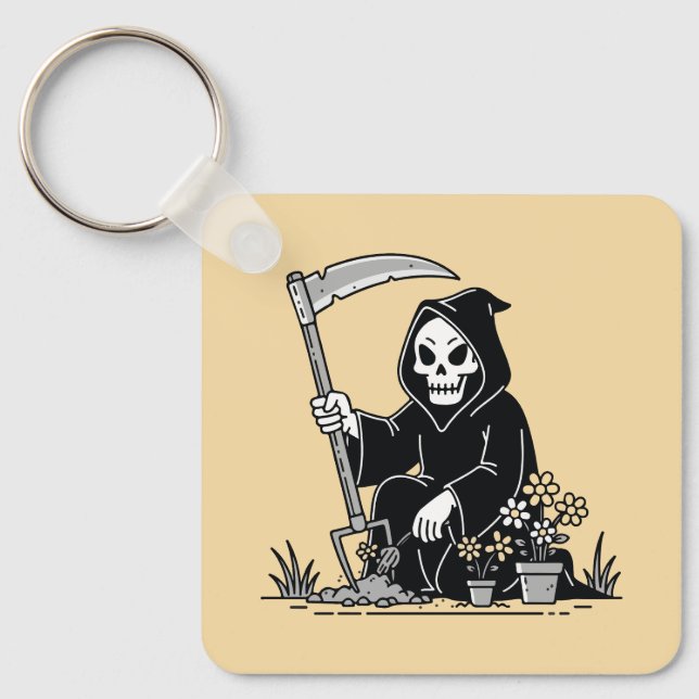 Grim Reaper Gardening Flowers Keychain (Front)