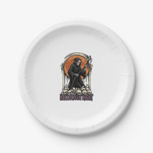 Grim Reaper Halloween Vintage Engraving White Shir Paper Plate