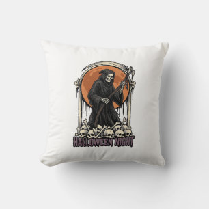 Grim Reaper Halloween Vintage Engraving White Shir Throw Pillow