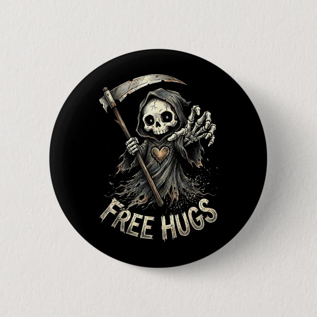 Grim Reaper Hugs Skeleton Dark Humour 2 Inch Round Button (Front)