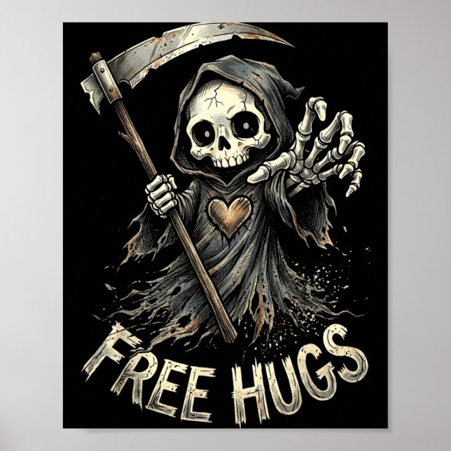 Grim Reaper Hugs Skeleton Dark Humour Poster (Front)