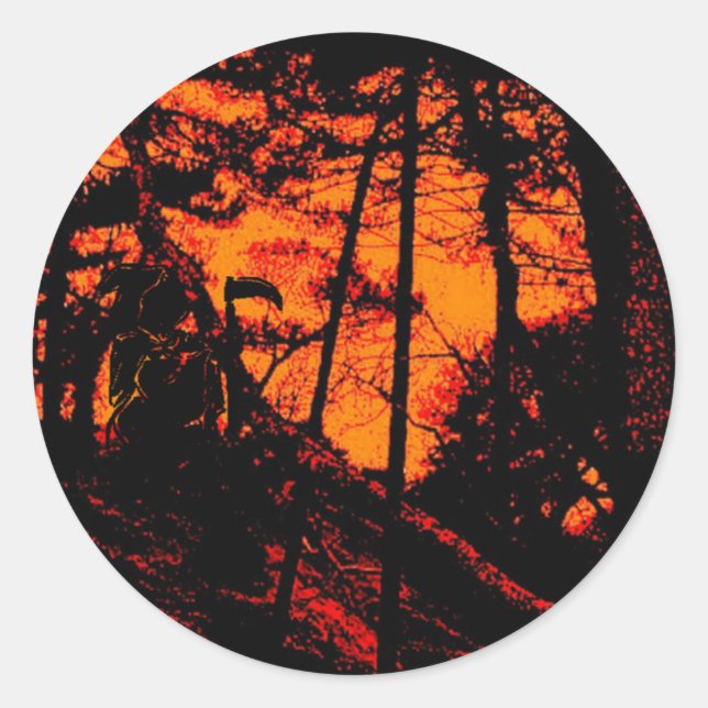 Grim Reaper in Scary Orange Lit Forest Classic Round Sticker (Front)