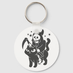 Grim reaper riding a cat - Choose background colou Keychain
