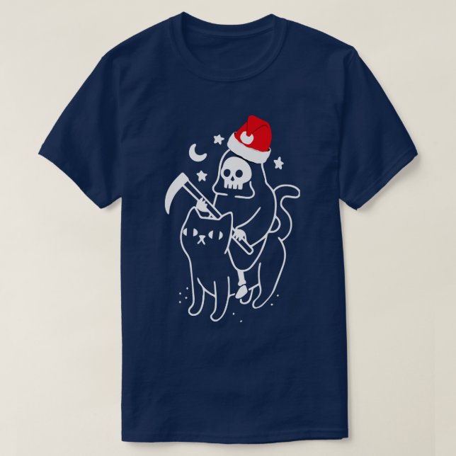 Grim Reaper Riding A Cat Christmas Funny Kitten Xm T-Shirt (Design Front)