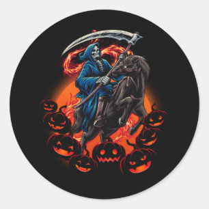 Grim Reaper Riding Horse Death Reaper Halloween Pu Classic Round Sticker