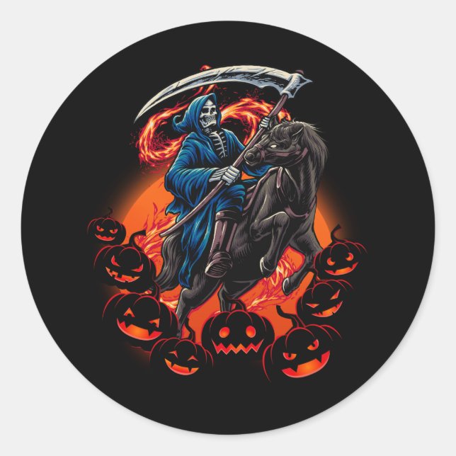 Grim Reaper Riding Horse Death Reaper Halloween Pu Classic Round Sticker (Front)