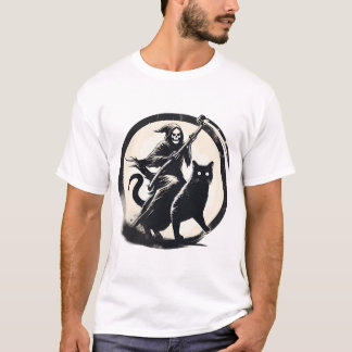 Grim Reaper Riding On Black Cat T-Shirt