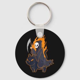Grim Reaper Riding Scary Black Cat Halloween Death Keychain