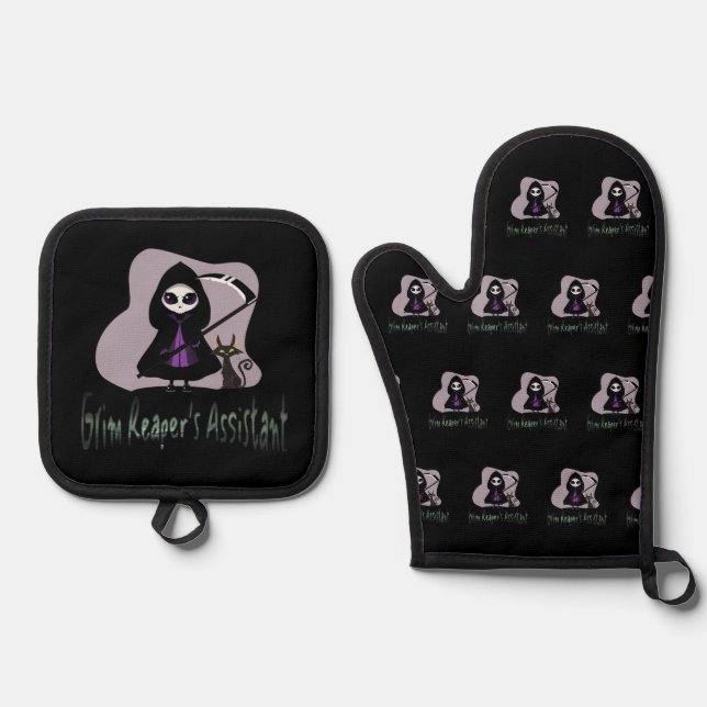 Grim Reaper’s Assistant cute grim reaper Oven Mitt & Pot Holder Set (Front)