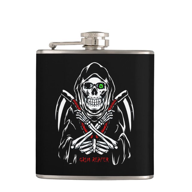 Grim Reaper Scythe Death Skeleton Bones Halloween Hip Flask (Front)
