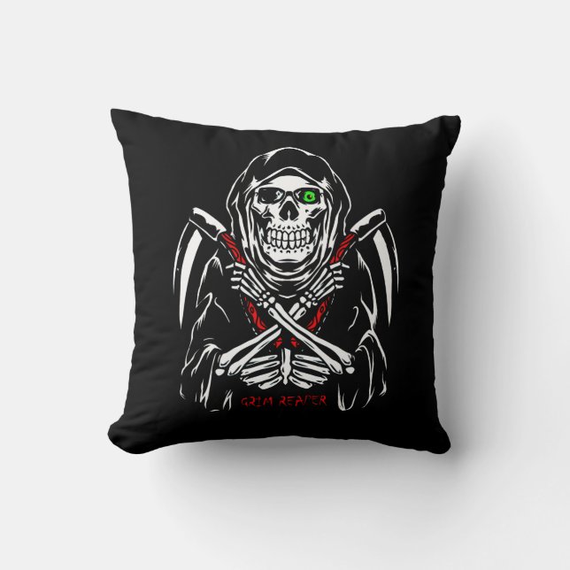Grim Reaper Scythe Death Skeleton Bones Halloween  Throw Pillow (Front)