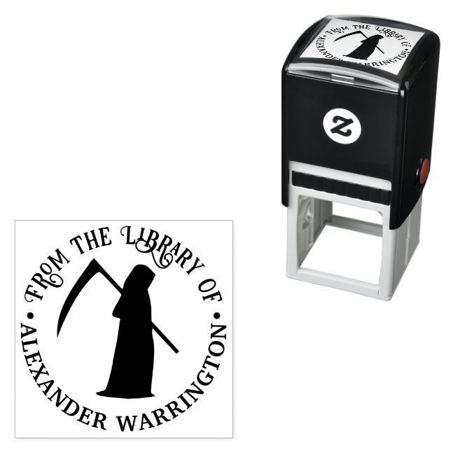 Grim Reaper Silhouette Round Library Book Name Self-inking Stamp (In Situ)
