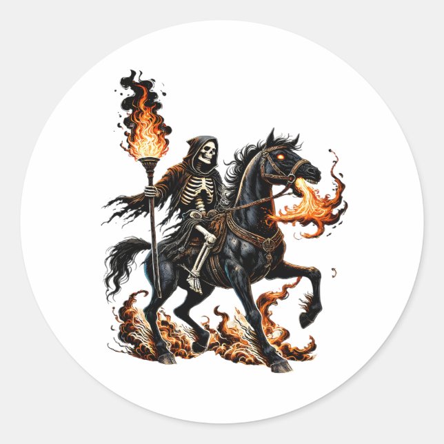 Grim Reaper Skeleton Riding Horse Flames Classic Round Sticker (Front)