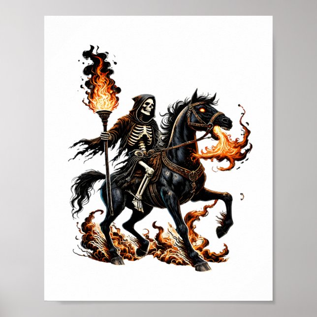 Grim Reaper Skeleton Riding Horse Flames Poster (Front)