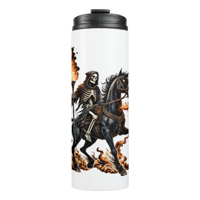 Grim Reaper Skeleton Riding Horse Flames Thermal Tumbler (Front)