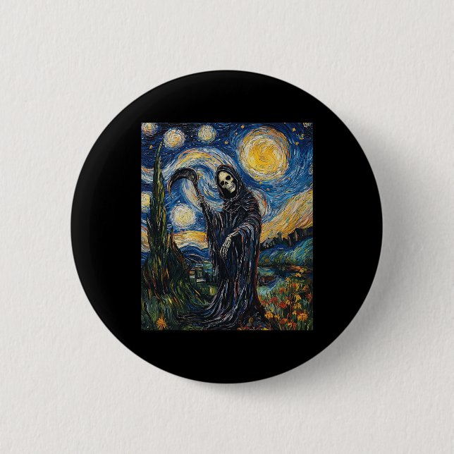 Grim Reaper Skeleton - Van Gogh Style - Starry Nig 2 Inch Round Button (Front)