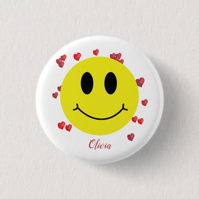 Grin Face with Red Hearts Personalized     1 Inch Round Button (Front)