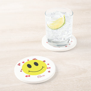 Grin Face with Red Hearts Personalized Coaster